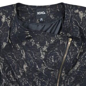 XOXO Metallic Gold Lace Peplum Jacket S Black Floral Brocade Asymmetric Moto